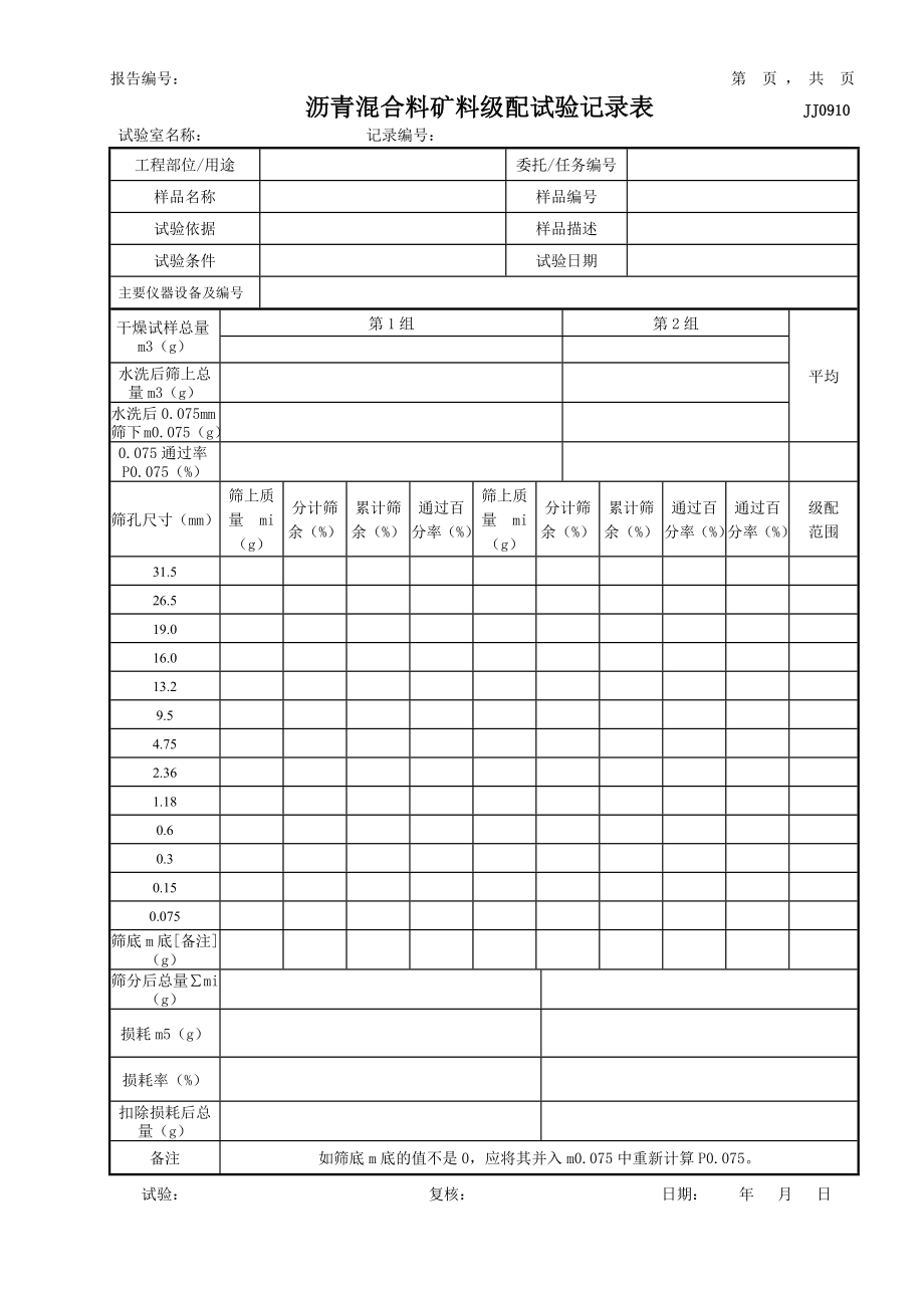 沥青混合料矿料级配试验记录表（JSZLB）_第1页
