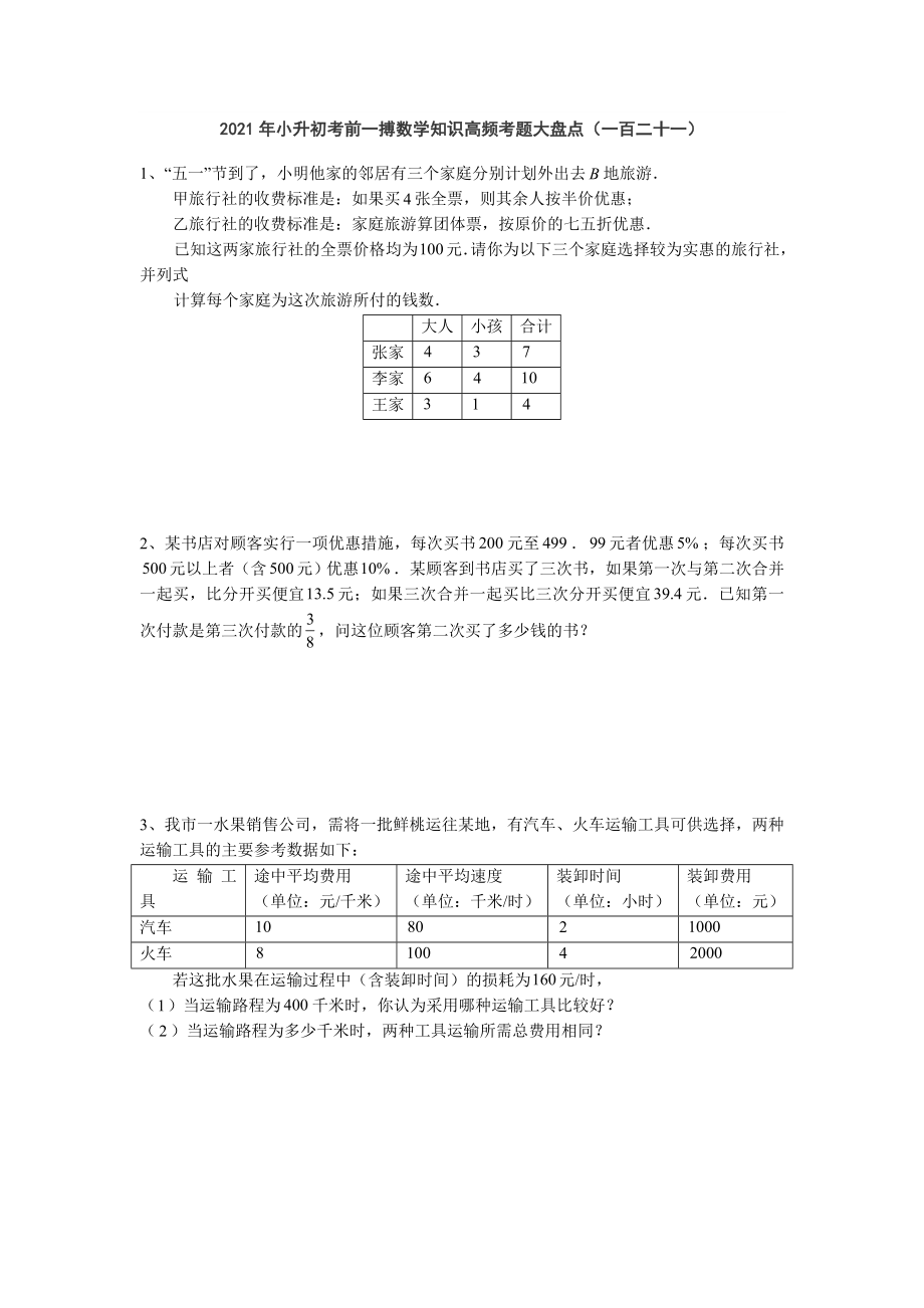 六年级下册数学2021年小升初考前一搏数学知识高频考题大盘点（一百二十一）无答案人教版_第1页