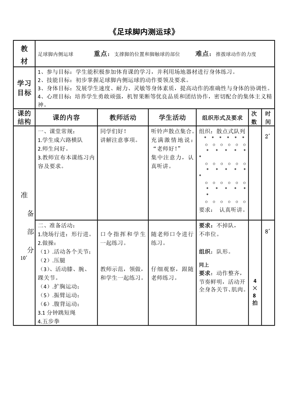 人教版三_四年級體育與健康 6.2.5小足球 腳內(nèi)側(cè)運球 教案_第1頁