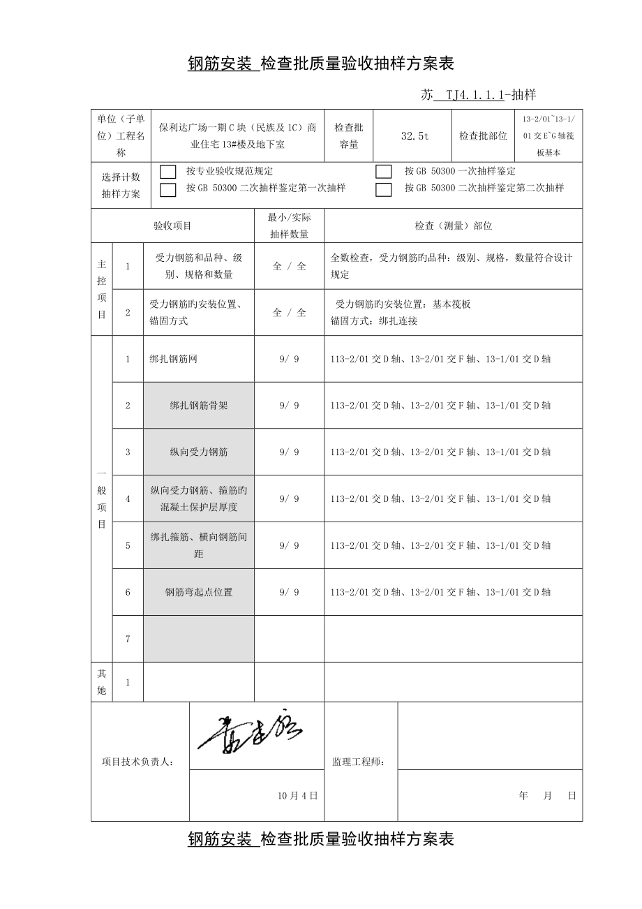 钢筋安装检验批质量验收抽样专题方案表_第1页