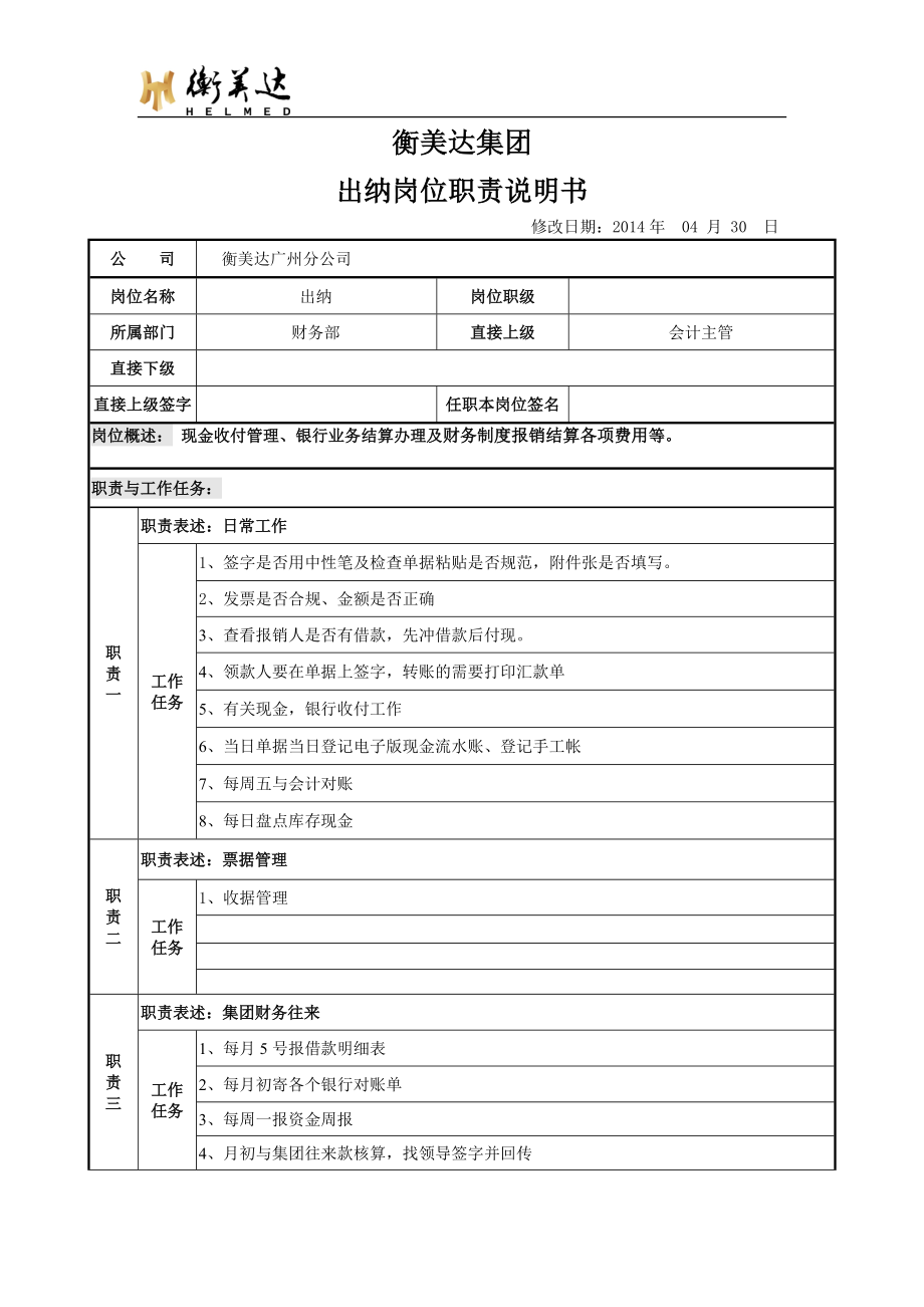 出納崗位職責(zé)說明書模板.doc_第1頁