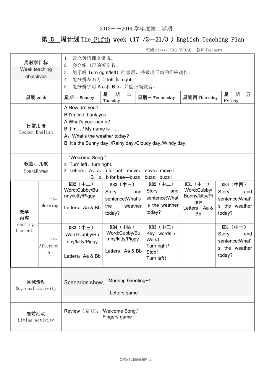 幼儿园中班英语周计划