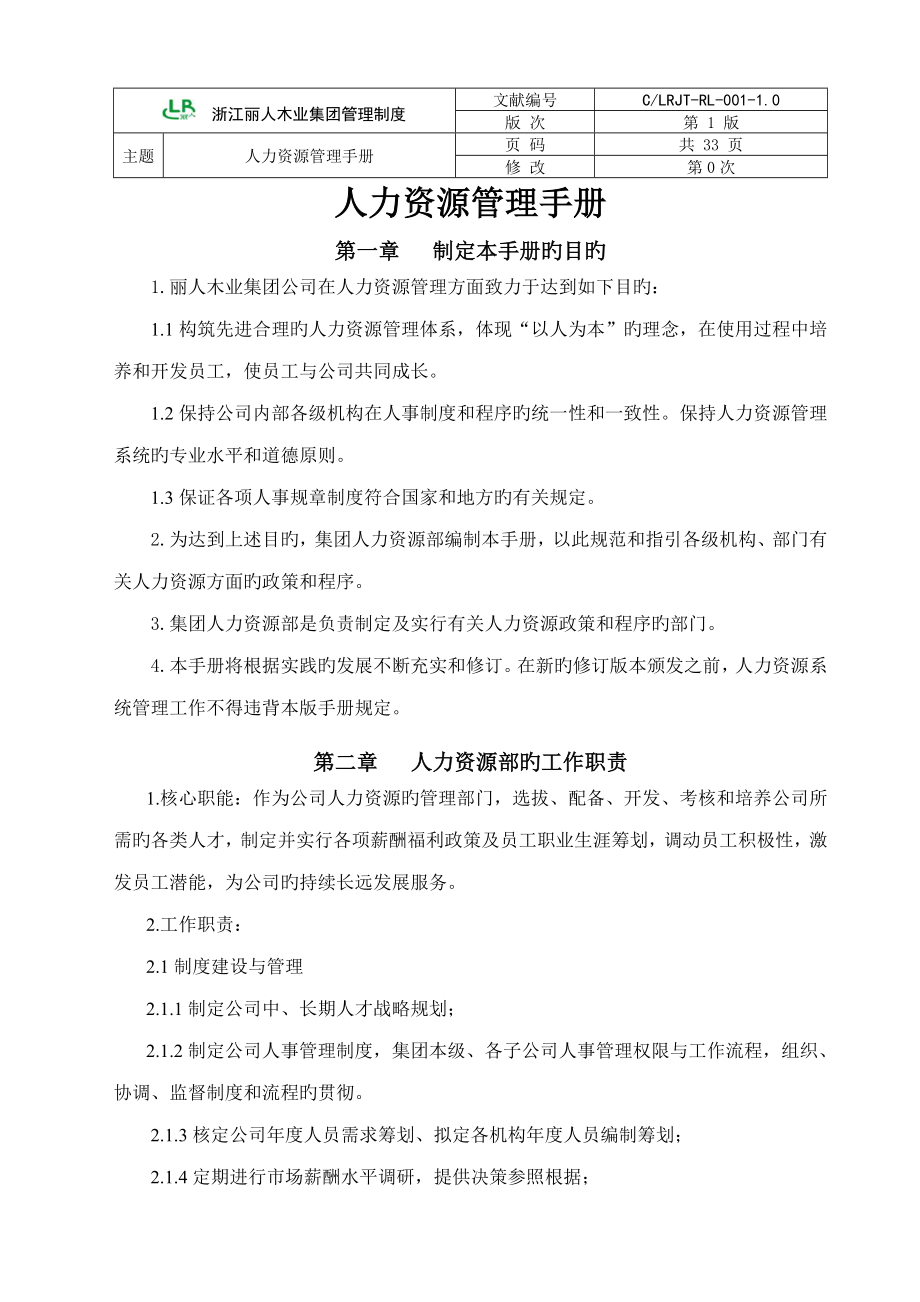 浙江丽人木业集团管理新版制度人力资源管理标准手册_第1页