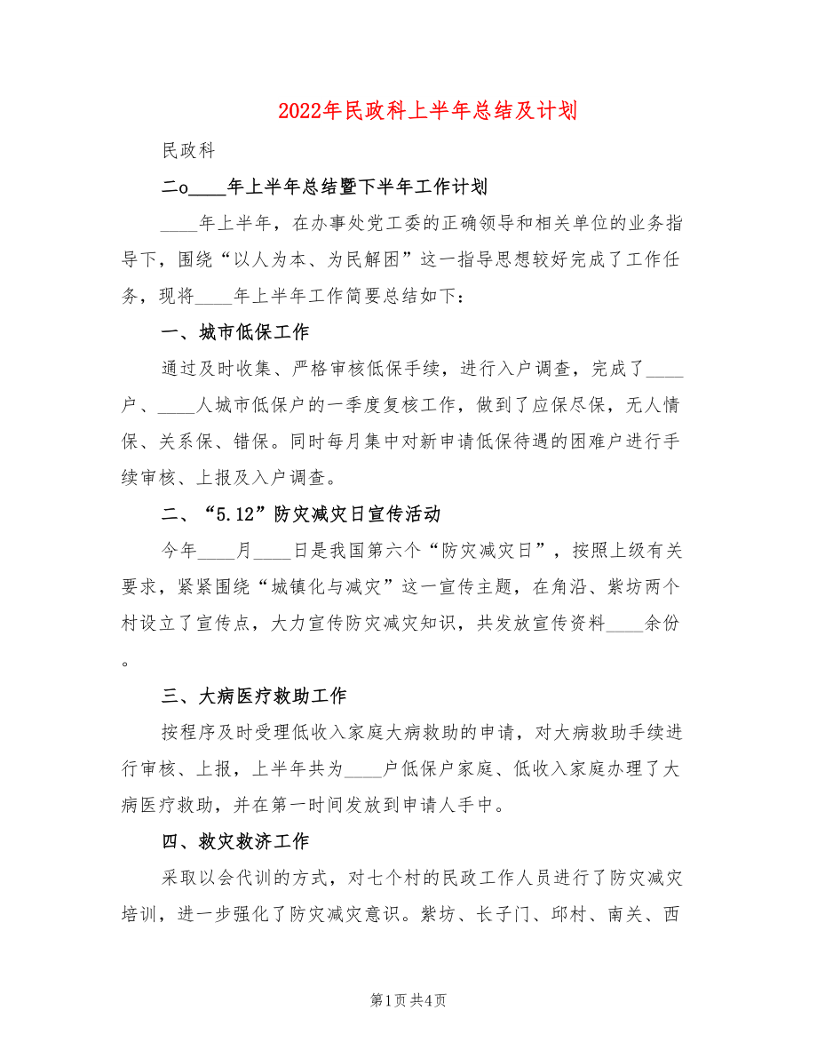 2022年民政科上半年总结及计划_第1页