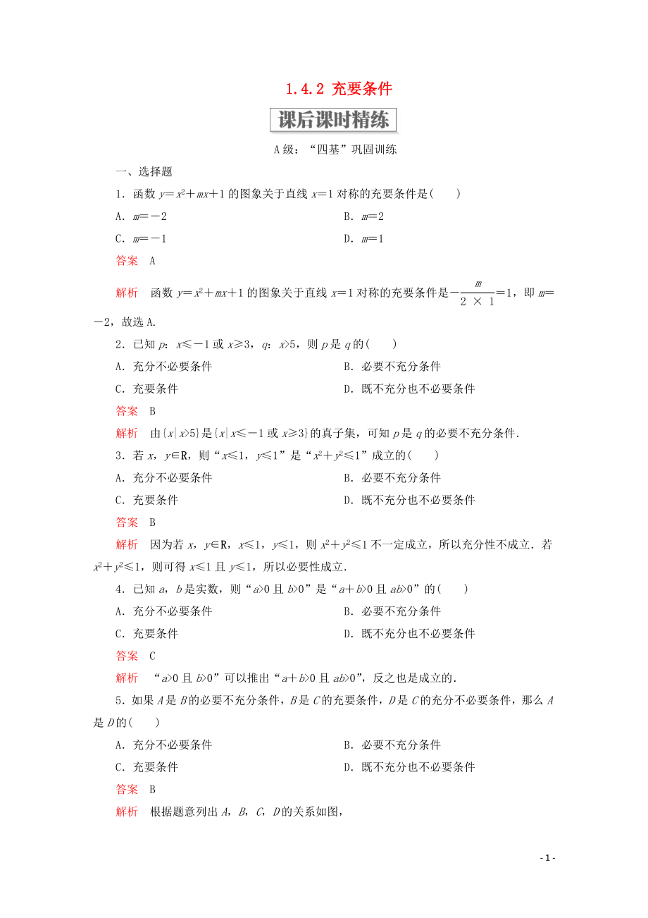 2019-2020學(xué)年新教材高中數(shù)學(xué) 第1章 集合與常用邏輯術(shù)語 1.4 充分條件與必要條件 1.4.2 充要條件課后課時精練 新人教A版必修第一冊_第1頁