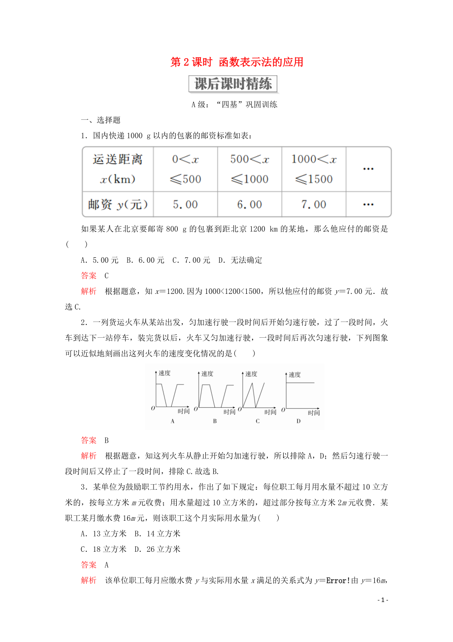 2019-2020學年新教材高中數(shù)學 第3章 函數(shù)的概念與性質(zhì) 3.1 函數(shù)的概念及其表示 3.1.2 函數(shù)的表示法 第2課時 函數(shù)表示法的應用課后課時精練 新人教A版必修第一冊_第1頁