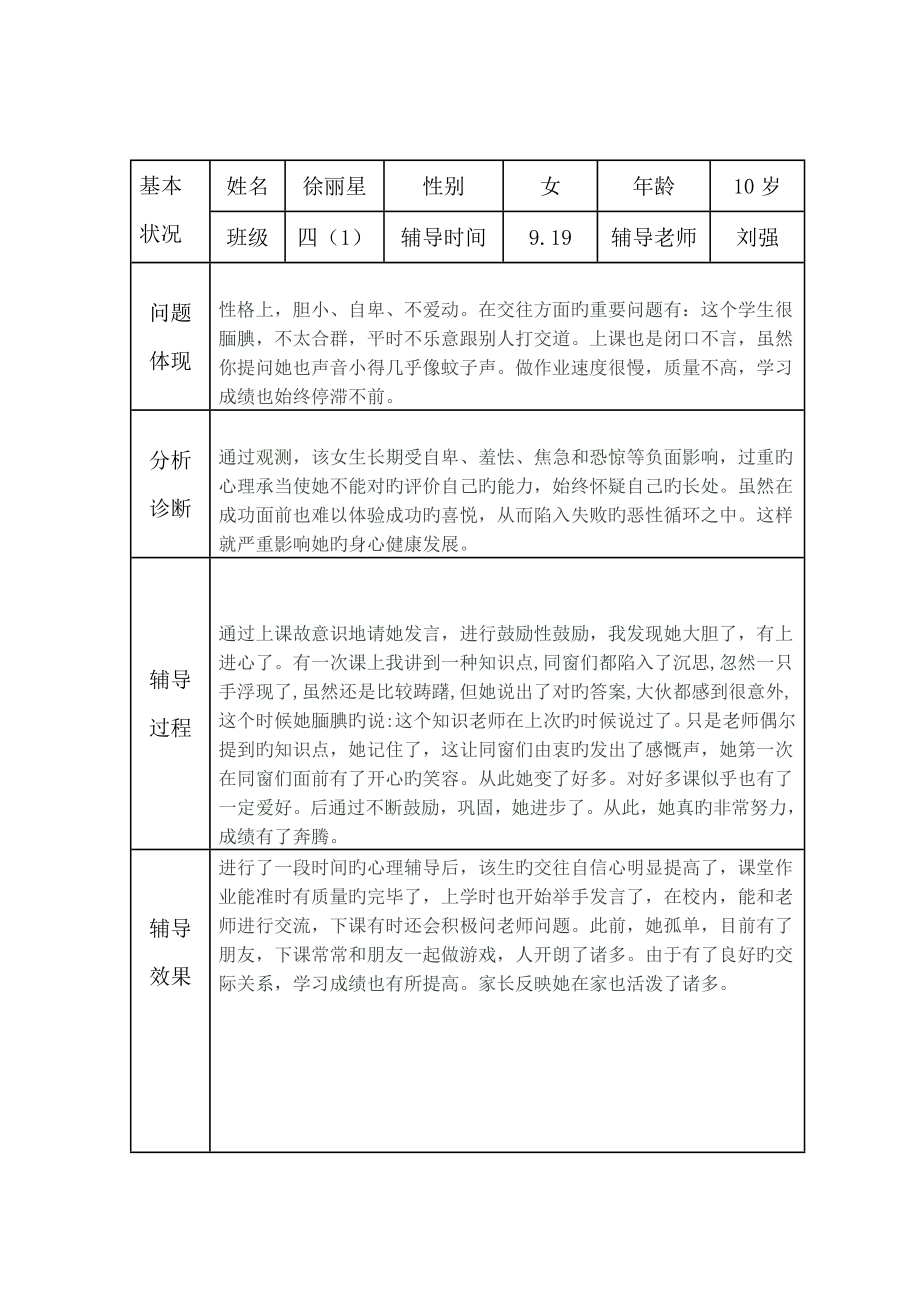 小學生心理健康諮詢個案輔導記錄表臺賬