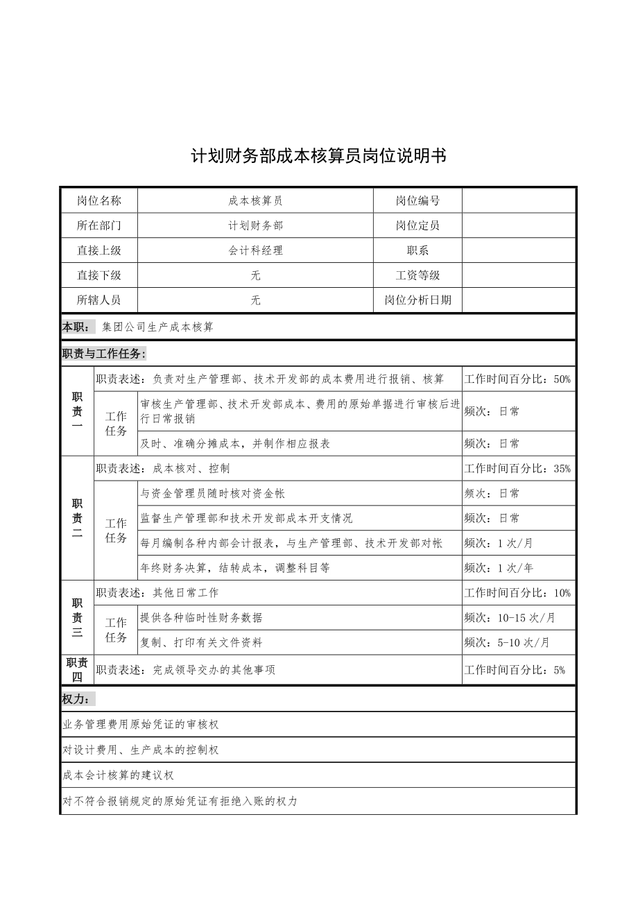 计划财务部成本核算员的岗位说明书_第1页