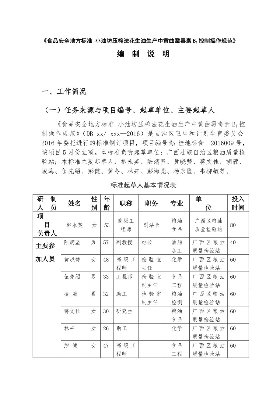 廣西食品安全地方標(biāo)準(zhǔn) 小油坊壓榨法花生油生產(chǎn)中黃曲霉毒素B1控制操作規(guī)范 編制說(shuō)明_第1頁(yè)