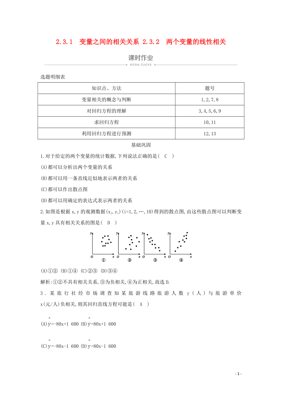 2019-2020學(xué)年高中數(shù)學(xué) 第二章 統(tǒng)計(jì) 2.3.1 變量之間的相關(guān)關(guān)系 2.3.2 兩個(gè)變量的線性相關(guān)課時(shí)作業(yè) 新人教A版必修3_第1頁