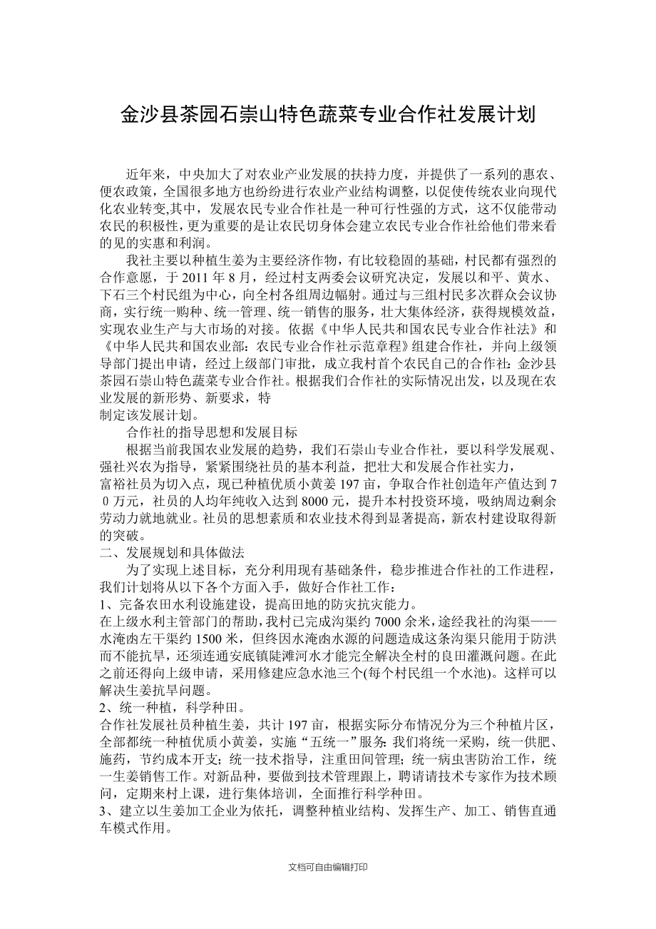 金沙县茶园石崇山特色蔬菜专业合作社发展计划_第1页