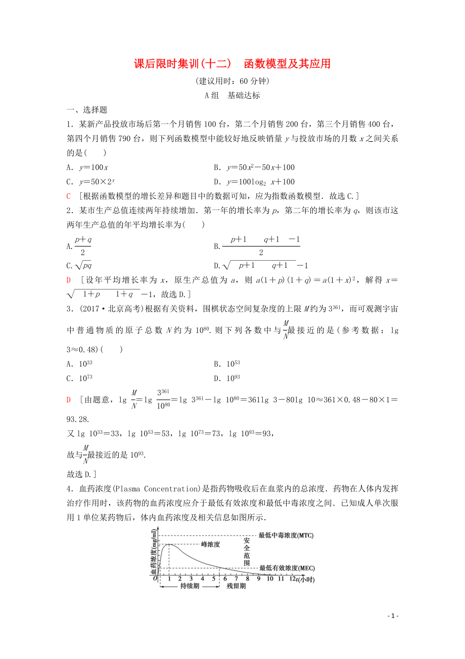 2020版高考数学一轮复习 课后限时集训12 函数模型及其应用 理（含解析）新人教A版_第1页