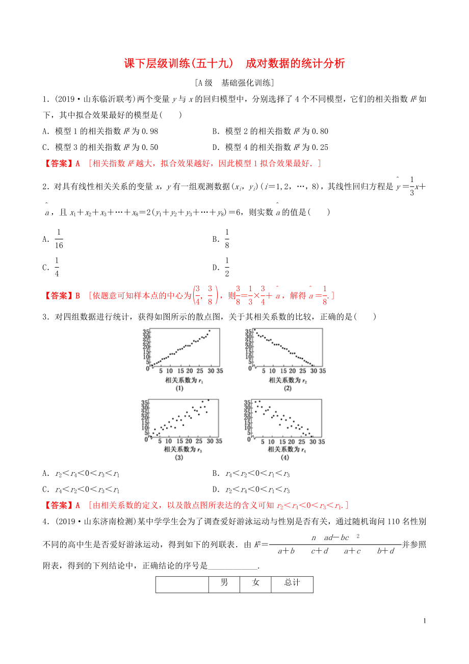 2020年高考數(shù)學一輪復(fù)習 考點題型 課下層級訓(xùn)練59 成對數(shù)據(jù)的統(tǒng)計分析（含解析）_第1頁