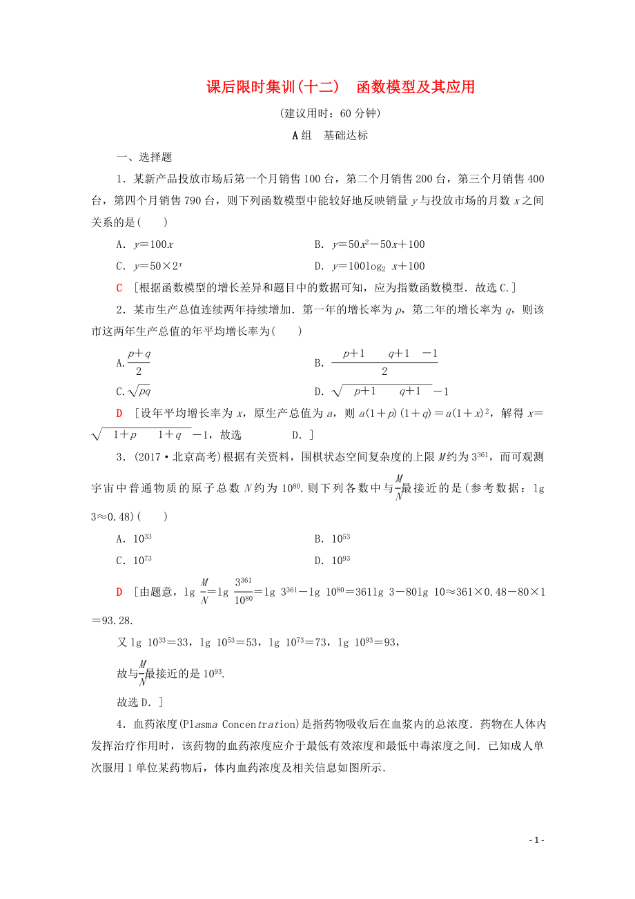 2020版高考數(shù)學(xué)一輪復(fù)習(xí) 課后限時(shí)集訓(xùn)12 函數(shù)模型及其應(yīng)用 理（含解析）北師大版_第1頁(yè)