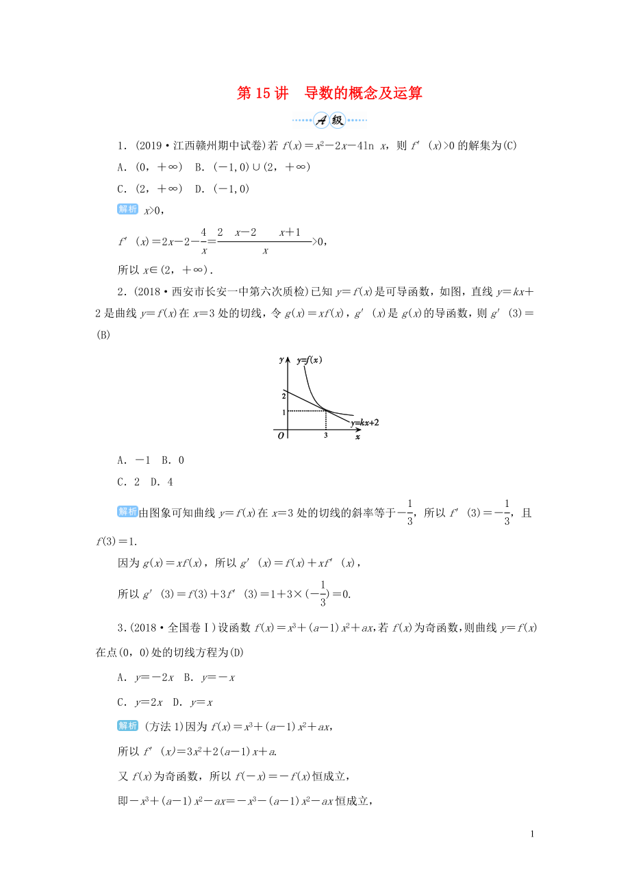 2020届高考数学一轮总复习 第三单元 导数及其应用 第15讲 导数的概念及运算练习 理（含解析）新人教A版_第1页