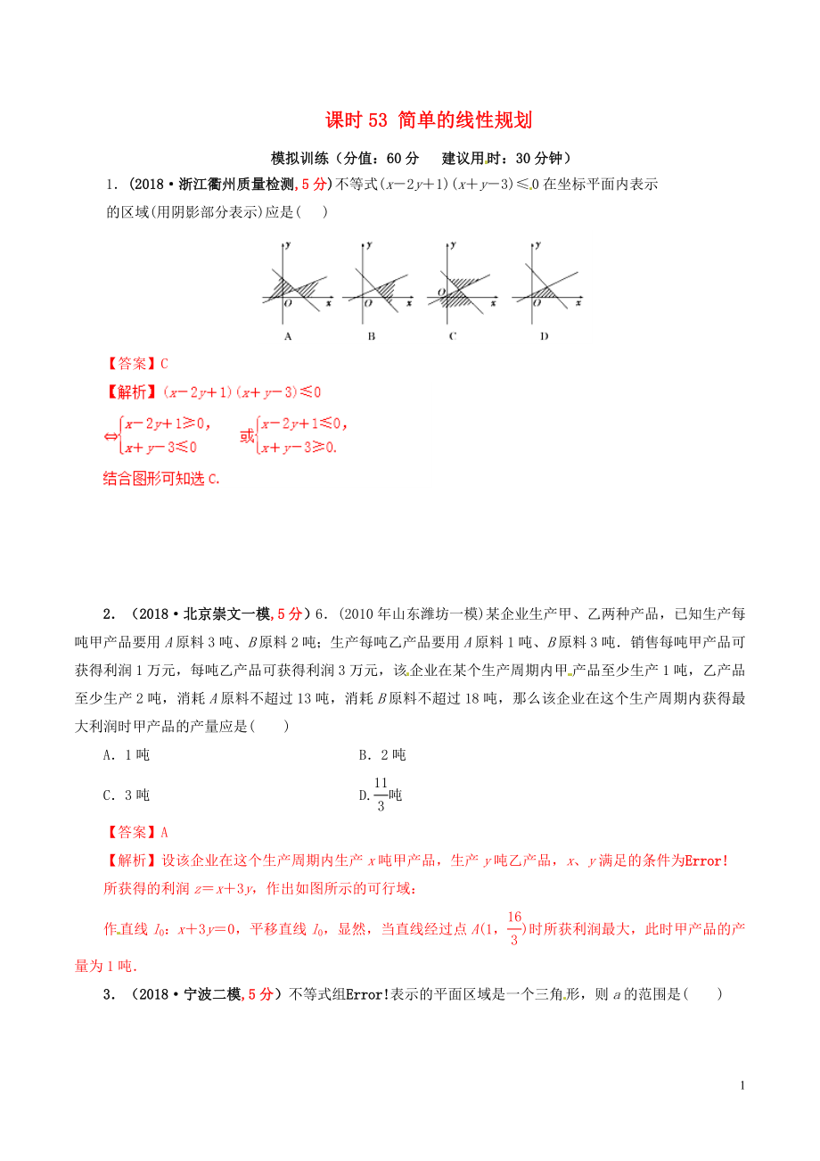 2019年高考数学 课时53 简单的线性规划单元滚动精准测试卷 文_第1页