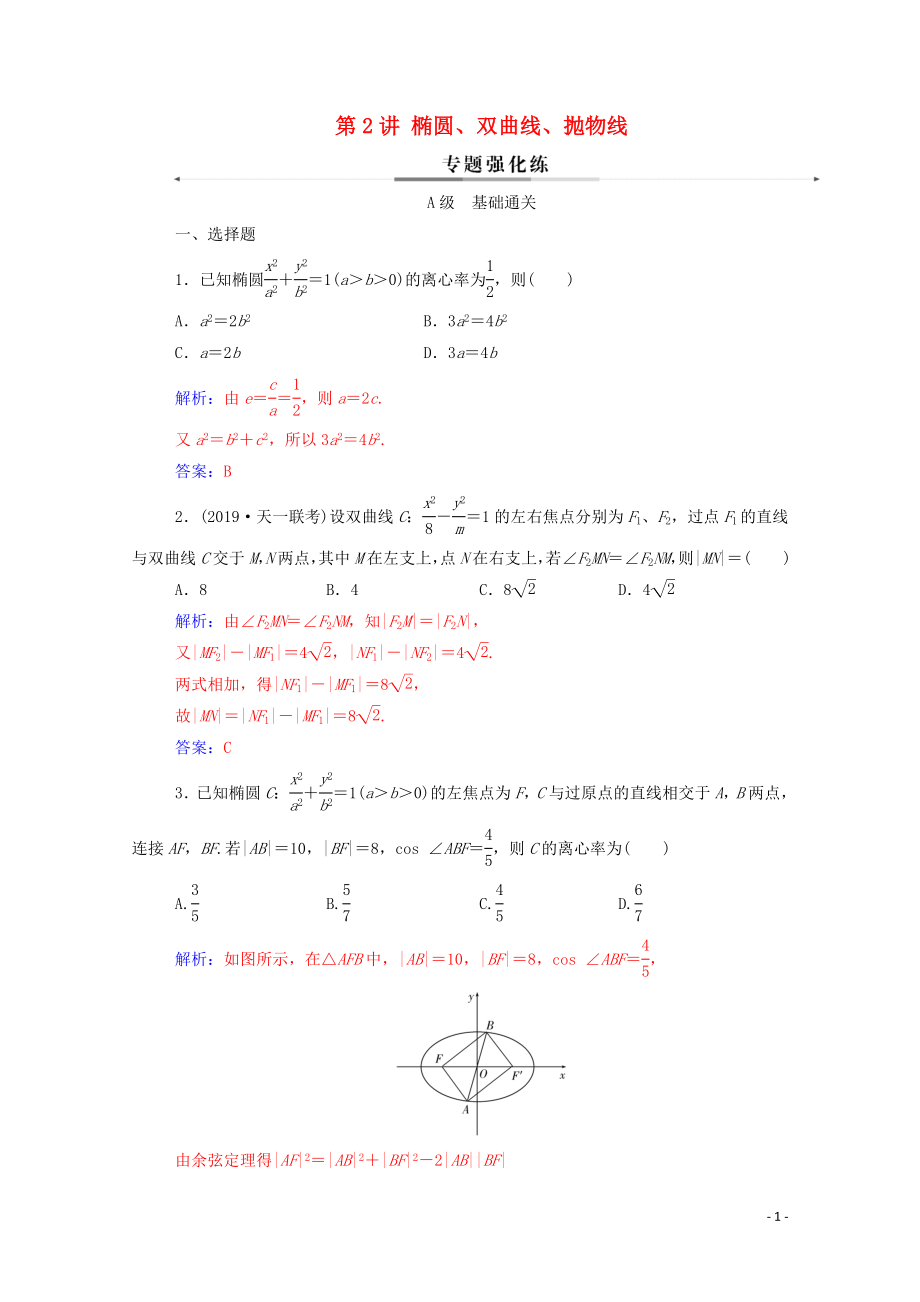 2020屆高考數(shù)學(xué)二輪復(fù)習(xí) 第二部分 專題五 解析幾何 第2講 橢圓、雙曲線、拋物線專題強(qiáng)化練 理_第1頁