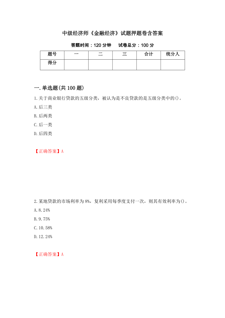 中级经济师《金融经济》试题押题卷含答案（第55次）_第1页