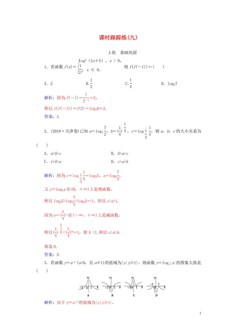 2020屆高考數(shù)學(xué)總復(fù)習(xí) 課時(shí)跟蹤練（九）對數(shù)與對數(shù)函數(shù) 文（含解析）新人教A版_第1頁