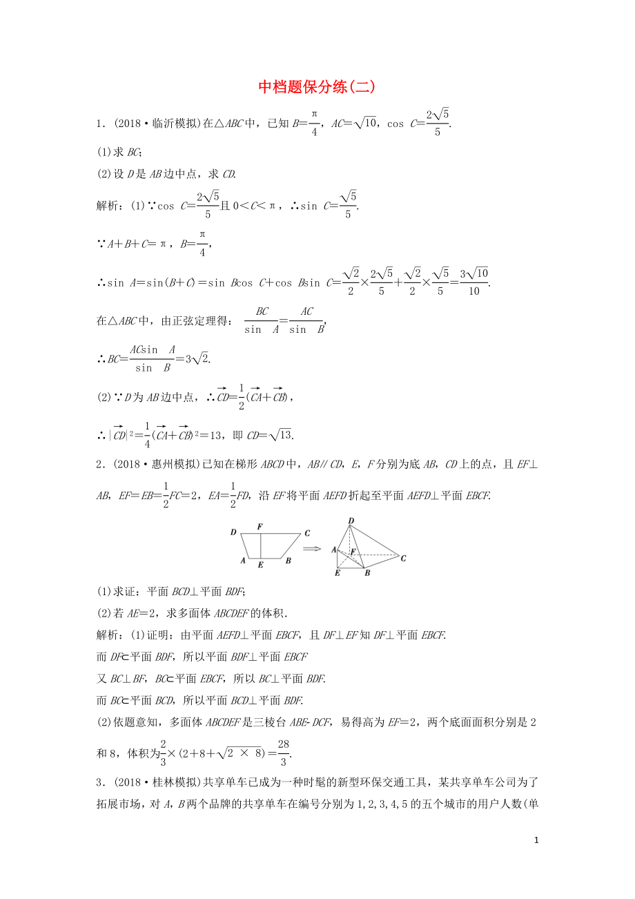 2019高考数学二轮复习 第一部分 题型专项练 中档题保分练（二）文_第1页