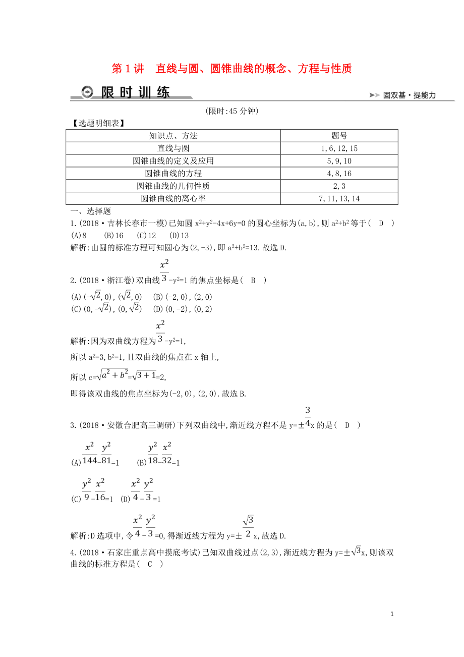 2019届高考数学二轮复习 第一篇 专题六 解析几何 第1讲 直线与圆、圆锥曲线的概念、方程与性质限时训练 文_第1页