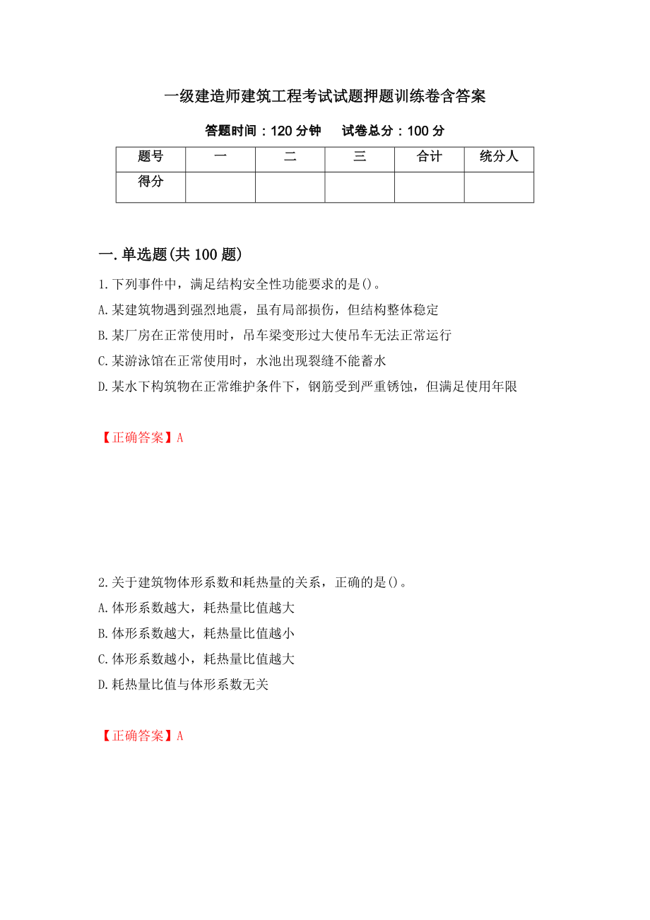 一级建造师建筑工程考试试题押题训练卷含答案_88__第1页