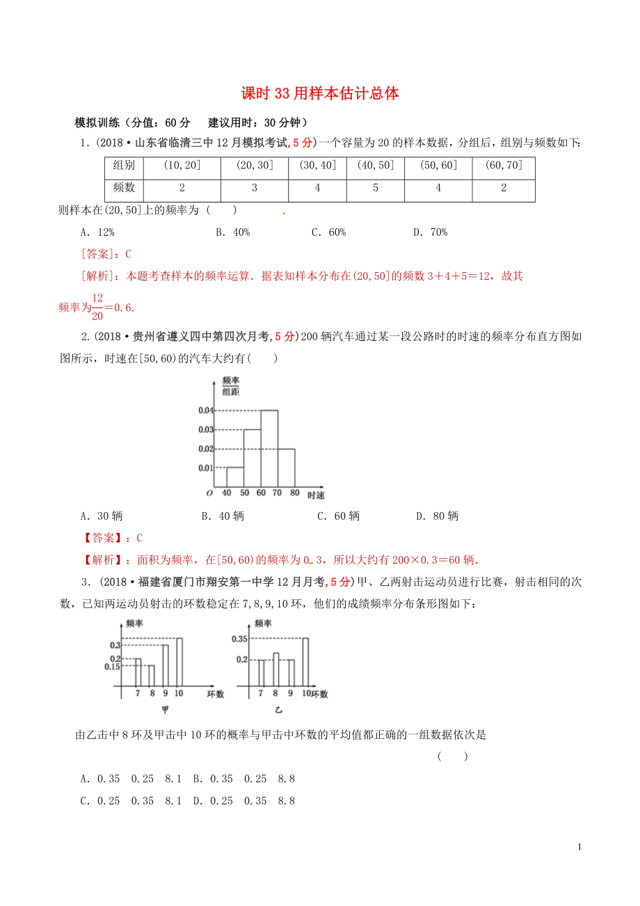 2019年高考數學 課時33 用樣本估計總體精準測試卷 文_第1頁