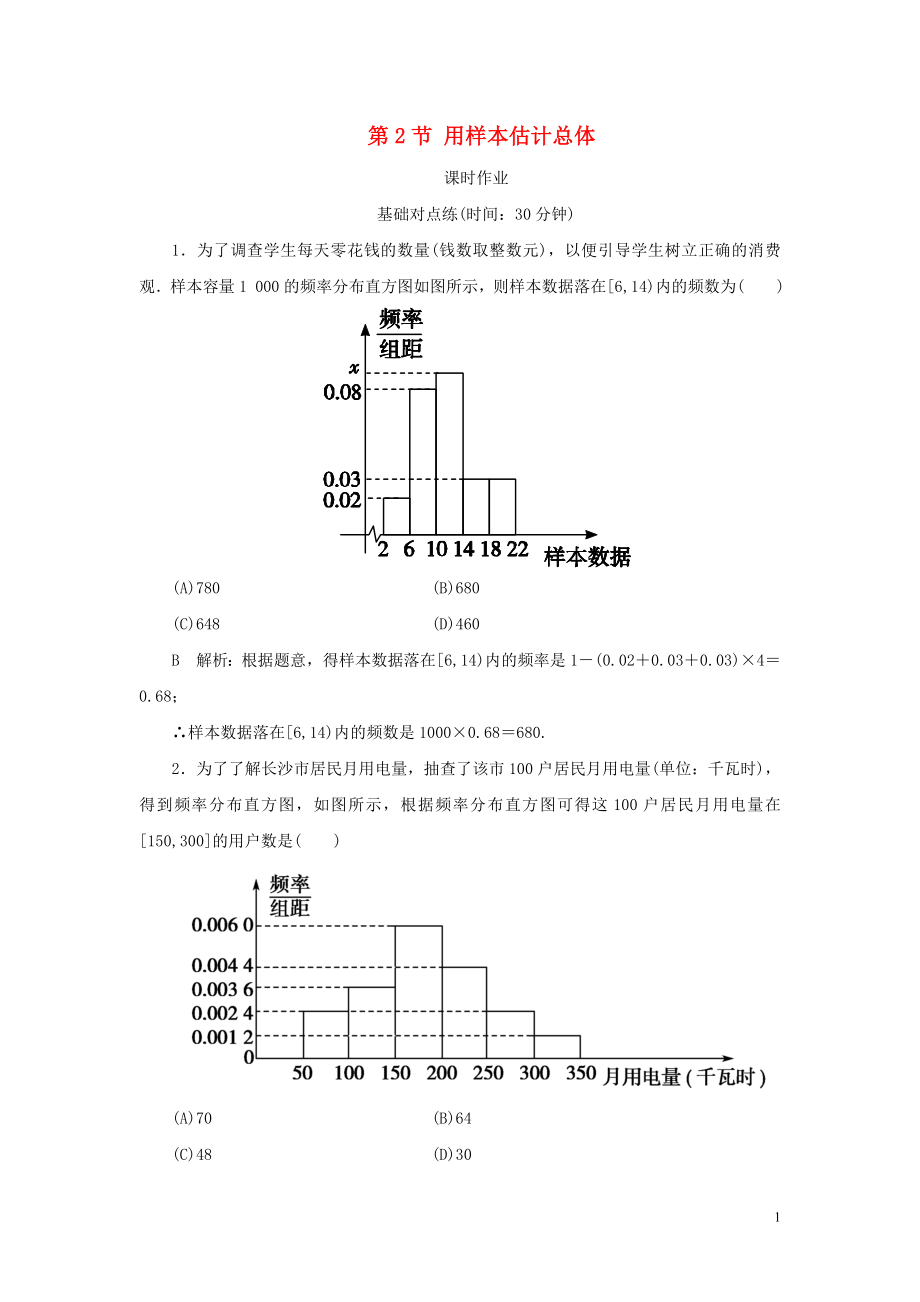 2020屆高考數(shù)學(xué)一輪復(fù)習(xí) 第九篇 統(tǒng)計(jì)與統(tǒng)計(jì)案例 第2節(jié) 用樣本估計(jì)總體課時(shí)作業(yè) 理（含解析）新人教A版_第1頁