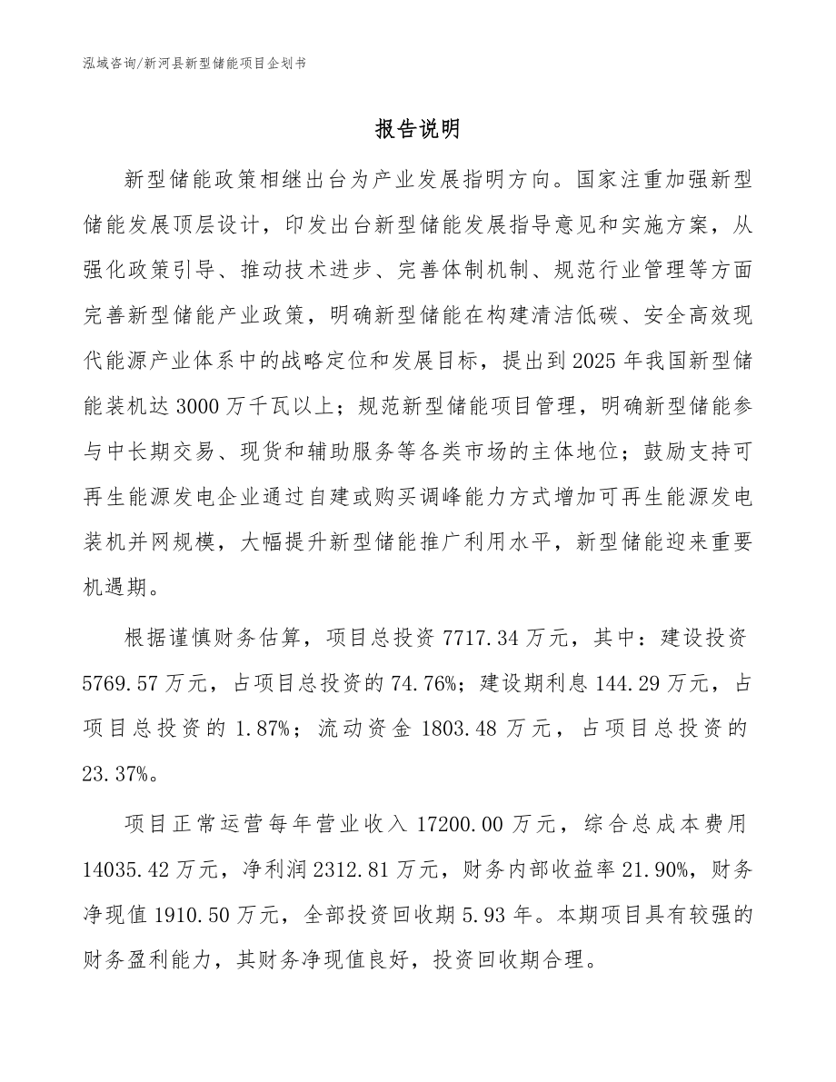 新河县新型储能项目企划书（参考模板）_第1页
