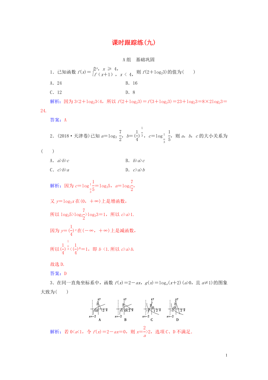 2020屆高考數(shù)學(xué)一輪總復(fù)習(xí) 課時(shí)跟蹤練（九）對(duì)數(shù)與對(duì)數(shù)函數(shù) 理（含解析）新人教A版_第1頁(yè)