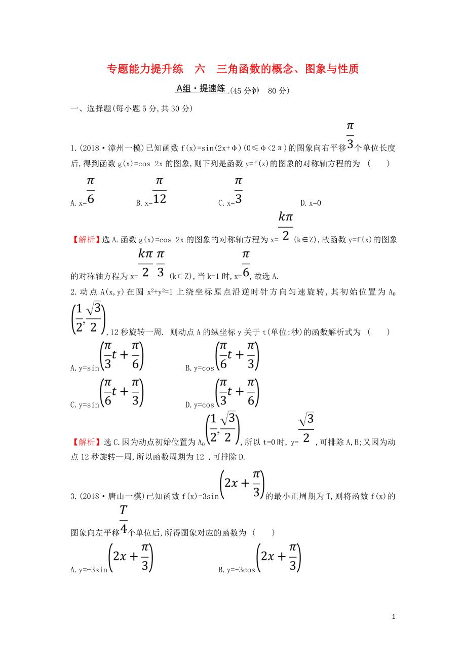 2019屆高考數(shù)學(xué)二輪復(fù)習(xí) 第二篇 專題通關(guān)攻略 專題2 三角函數(shù)及解三角形 專題能力提升練六 2.2.1 三角函數(shù)的概念、圖象與性質(zhì)_第1頁(yè)