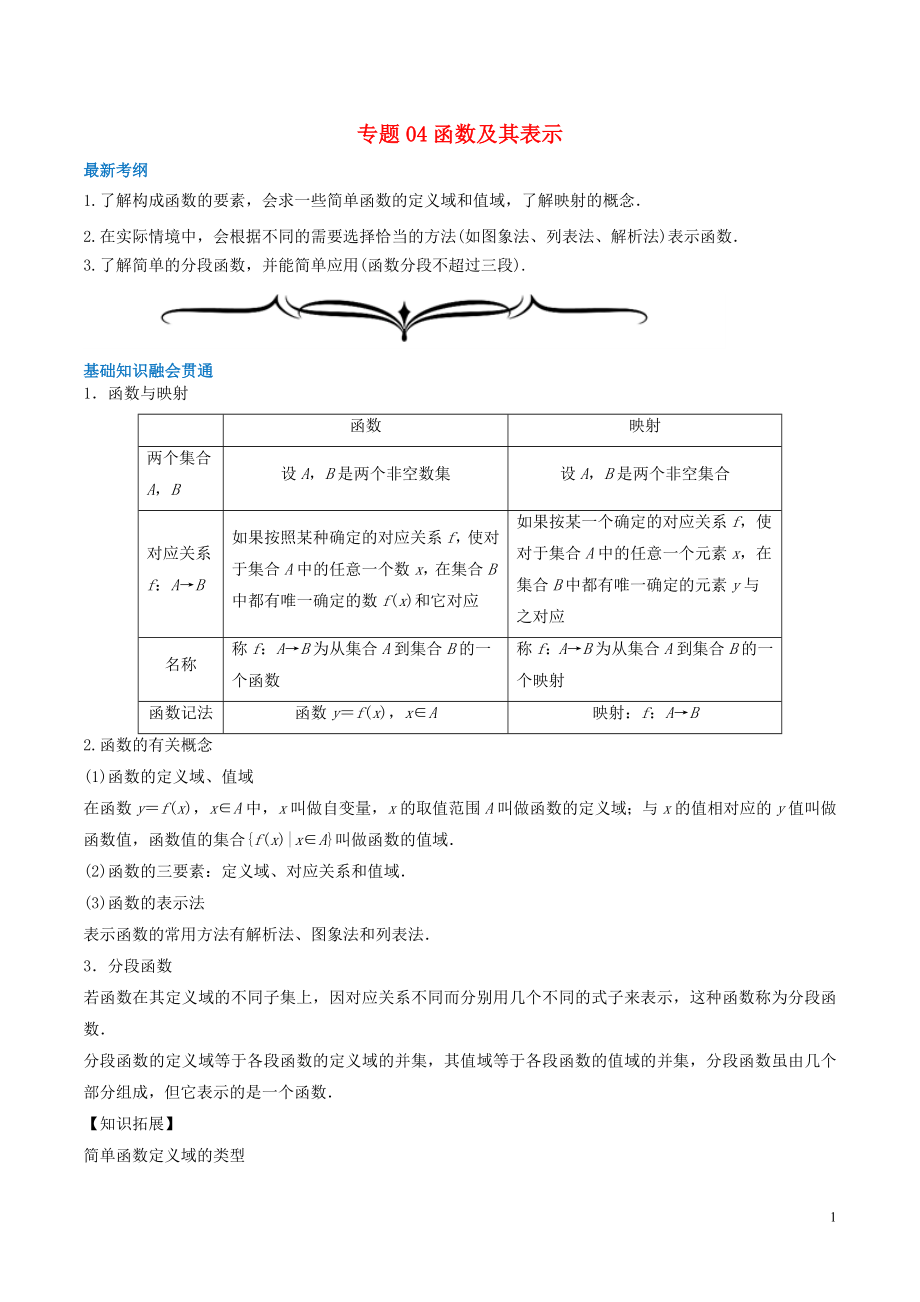 2020年高考數(shù)學(xué)一輪復(fù)習(xí) 專題04 函數(shù)及其表示（含解析）_第1頁