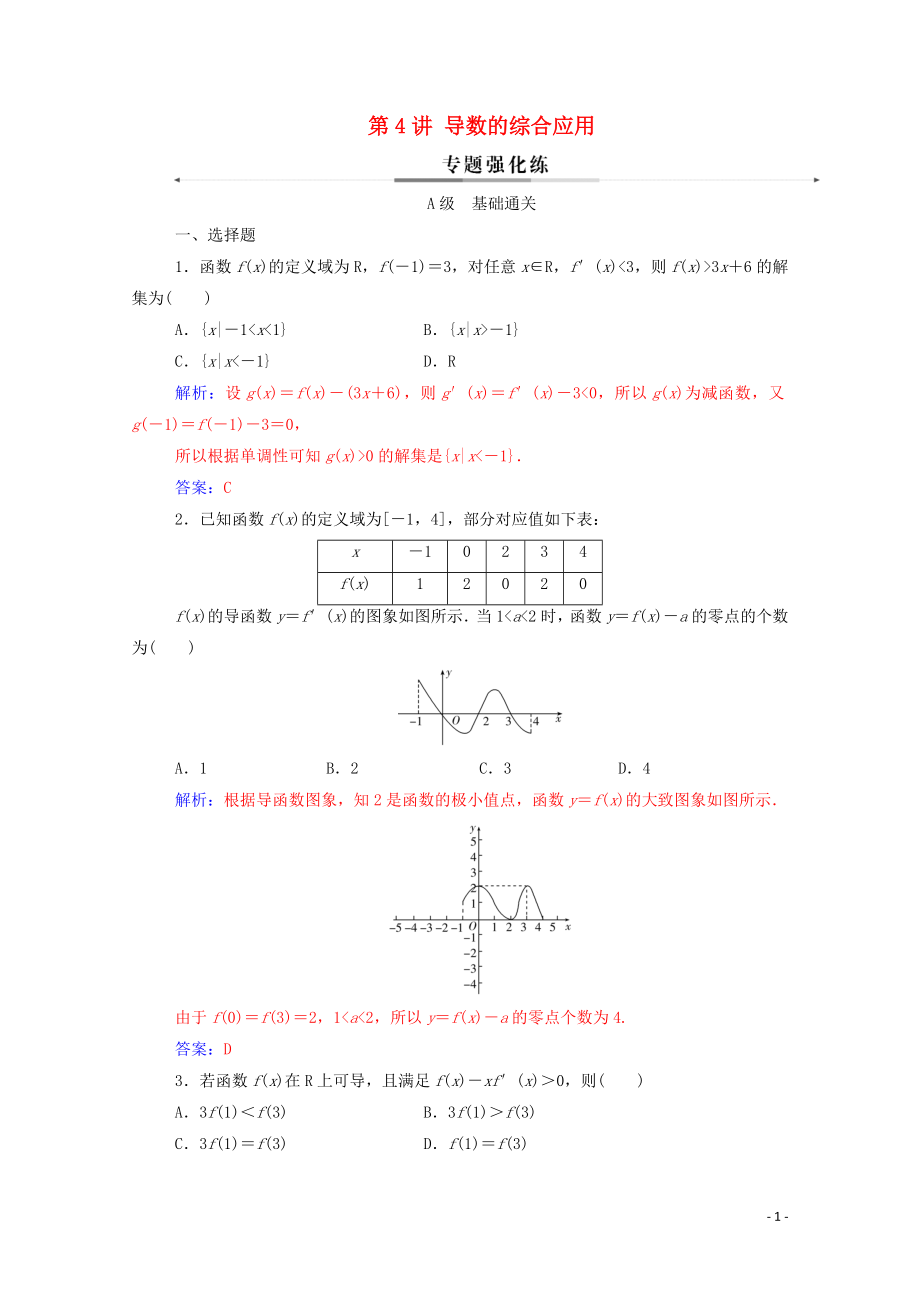 2020版高考數(shù)學(xué)二輪復(fù)習(xí) 第二部分 專題六 函數(shù)與導(dǎo)數(shù) 第4講 導(dǎo)數(shù)的綜合應(yīng)用練習(xí) 文（含解析）_第1頁(yè)