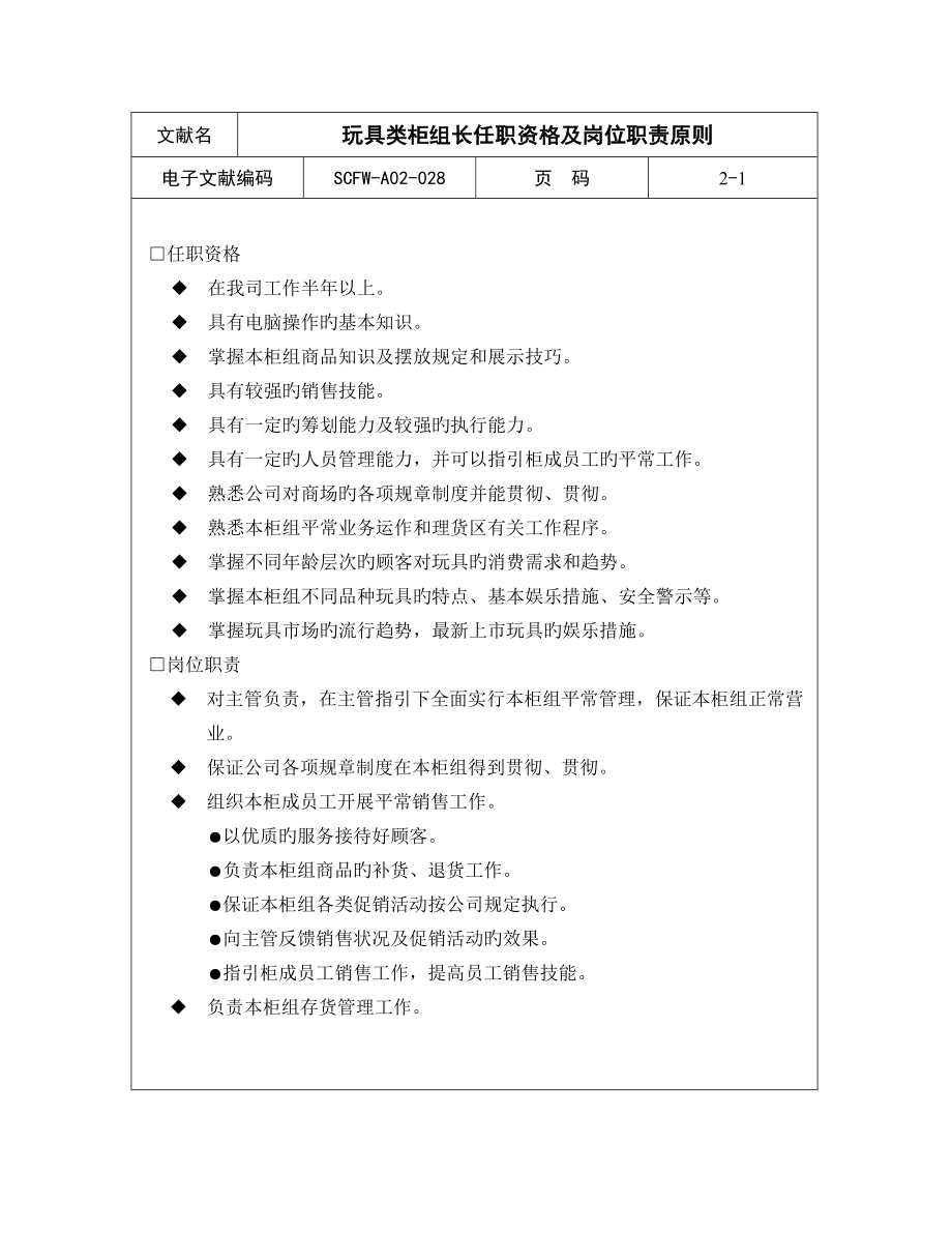 文体用品类柜组长任职资格及岗位基本职责重点标准_第1页