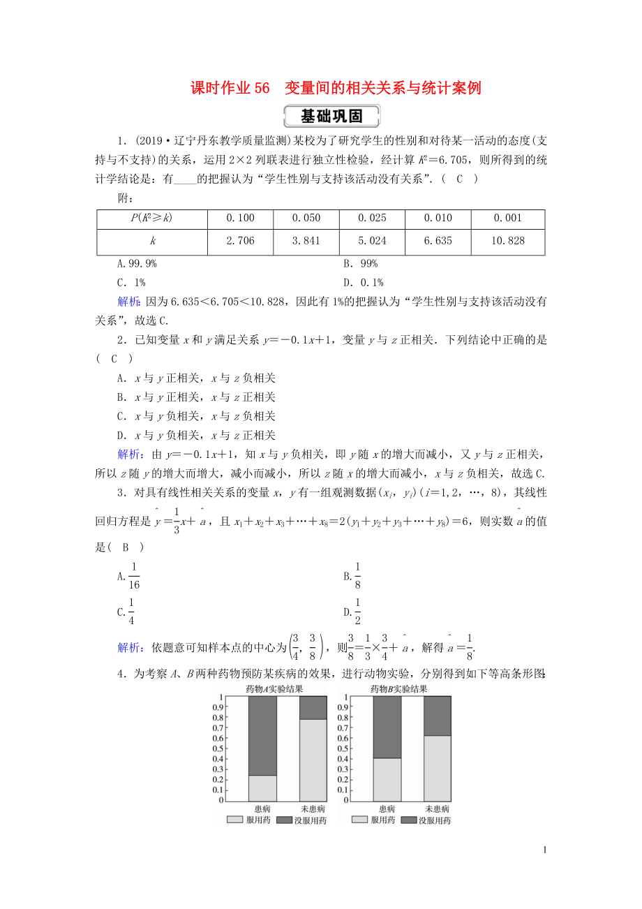 2020高考數(shù)學(xué)總復(fù)習(xí) 第九章 算法初步、統(tǒng)計、統(tǒng)計案例 課時作業(yè)56 變量間的相關(guān)關(guān)系與統(tǒng)計案例 文（含解析）新人教A版_第1頁