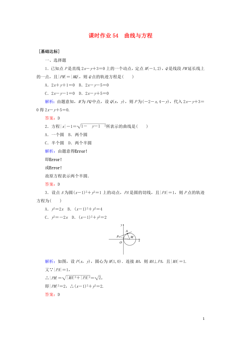 2020高考數(shù)學一輪復(fù)習 課時作業(yè)54 曲線與方程 理_第1頁