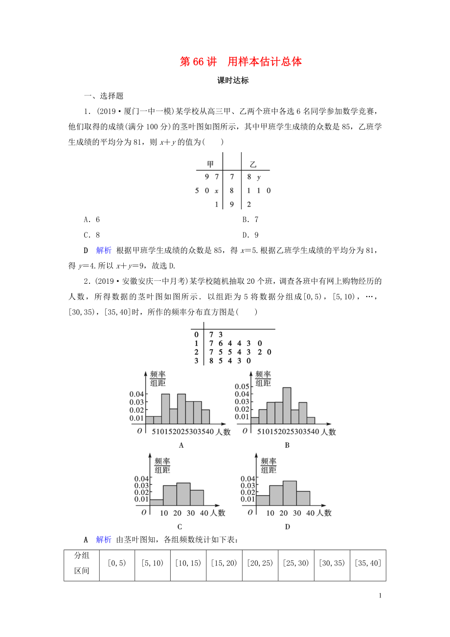 2020版高考數(shù)學(xué)大一輪復(fù)習(xí) 第十章 算法初步、統(tǒng)計、統(tǒng)計案例 第66講 用樣本估計總體課時達標 理（含解析）新人教A版_第1頁