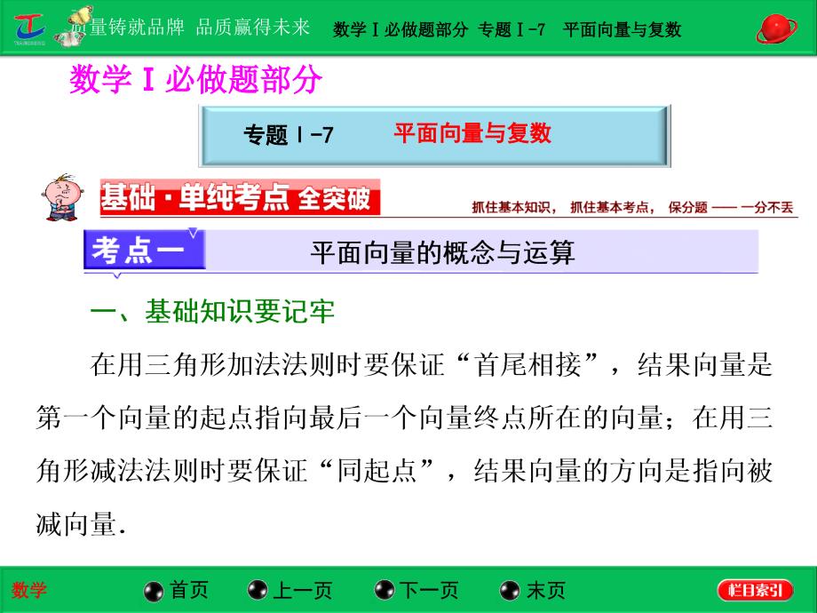 第一部分数学Ⅰ必做题部分专题Ⅰ-7平面向量与复数_第1页