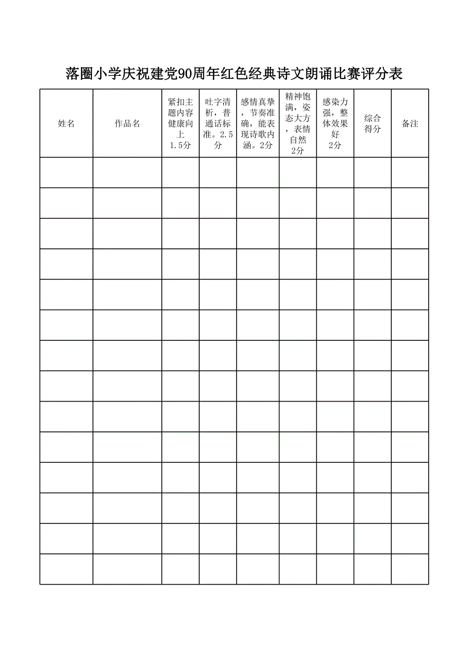 落圈小學(xué)慶祝建黨90周年紅色經(jīng)典詩(shī)文朗誦比賽評(píng)分表_第1頁(yè)