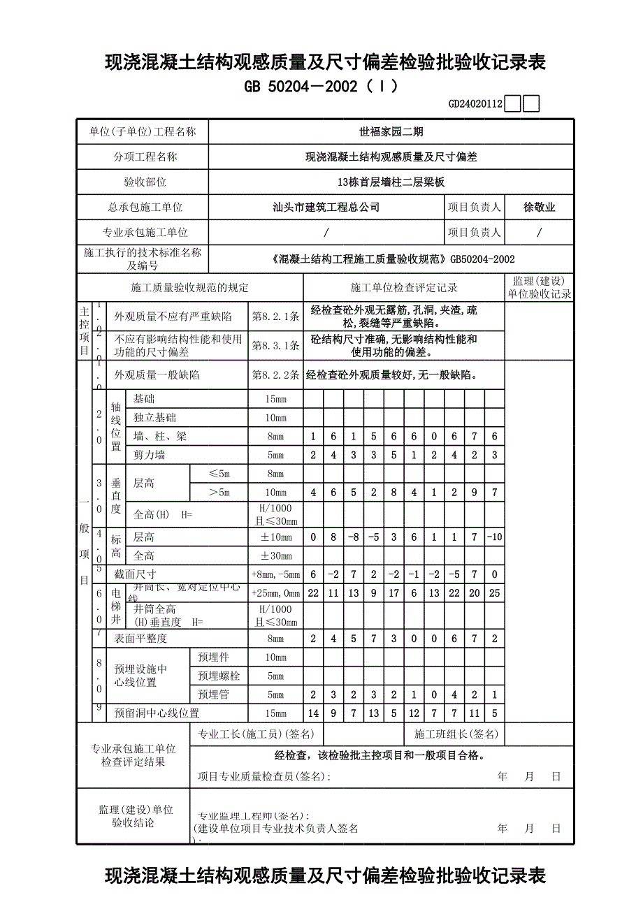 現(xiàn)澆混凝土結(jié)構(gòu)觀感質(zhì)量及尺寸偏差檢驗批驗收記錄表_第1頁