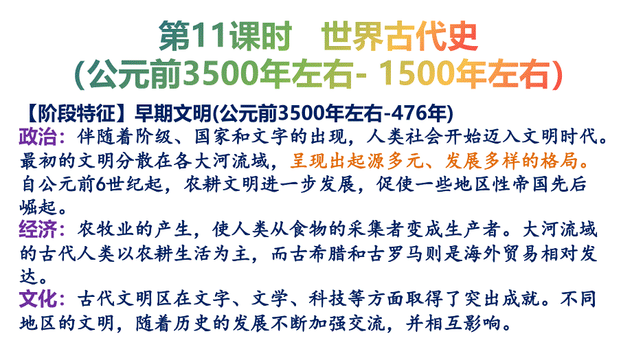 第11课时 世界古代史(前3500-1500）课件2024届高三艺考生统编版历史一轮复习_第1页