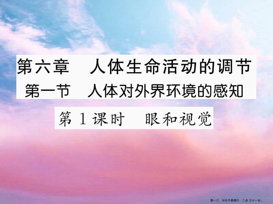 2022年春七年級(jí)生物下冊(cè)第六章第一節(jié)人體對(duì)外界環(huán)境的感知第1課時(shí)眼和視覺課件新版新人教版_第1頁