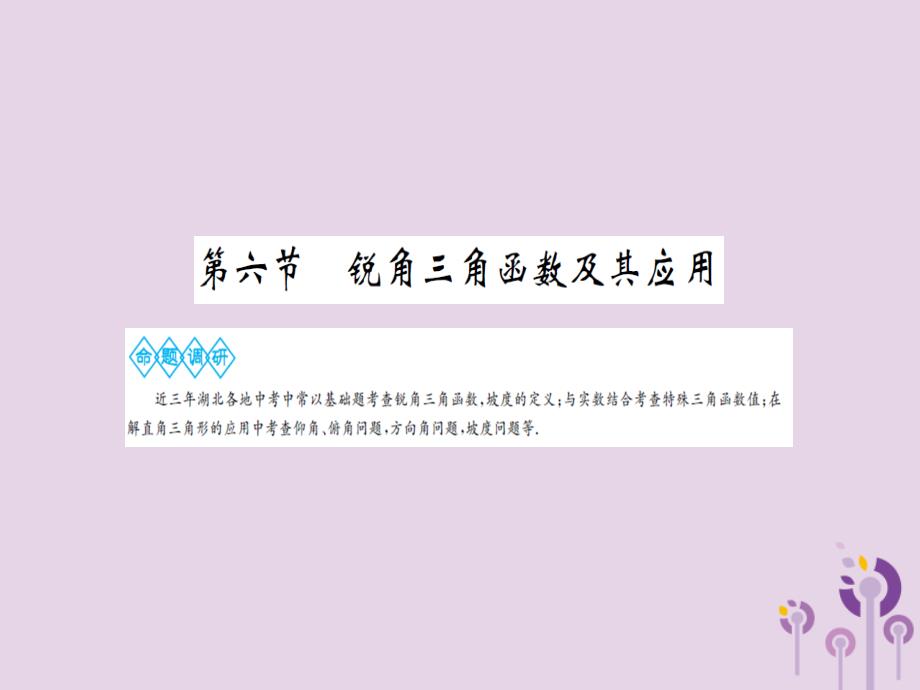 湖北省2021中考数学一轮复习第四章图形的初步认识与三角形第六节锐角三角函数及其应用课件_第1页