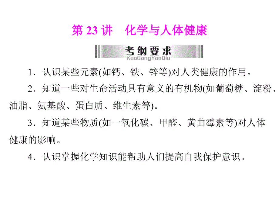 2013年广东省中考化学复习课件 第23讲 化学与人体健康_第1页