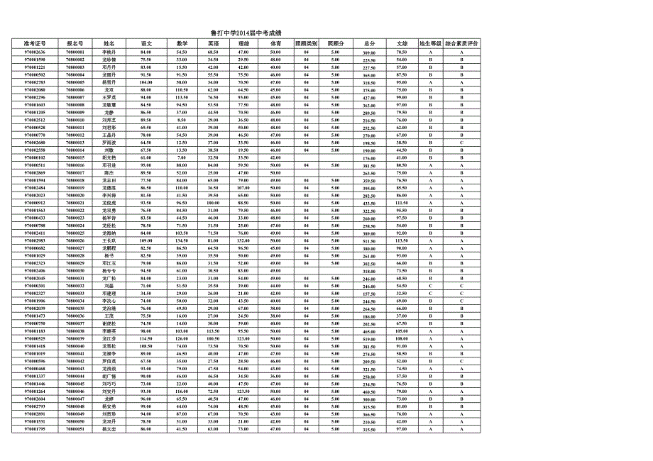 魯打中學(xué)2014屆中考成績 平均分_第1頁