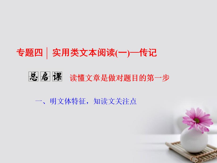 高考语文一轮复习第一板块现代文阅读专题四实用类文本阅读一传记总启课读懂文章是做对题目的第一步课件新人教版_第1页